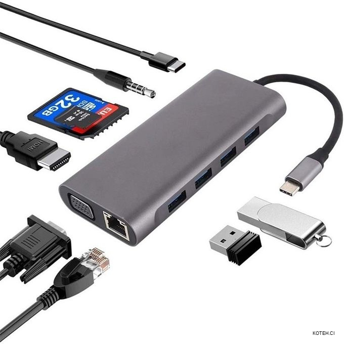 Adaptateur 11 En 1 - USB Type-C Vers VGA, USB3.0 , HDMI Et RJ45-USB C -  KOTECH