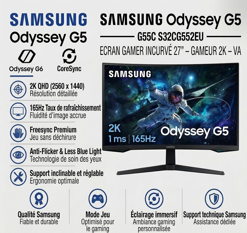 Ecran SAMSUNG ODYSSEY G5 32'' - Gameur Incurvé - 2K