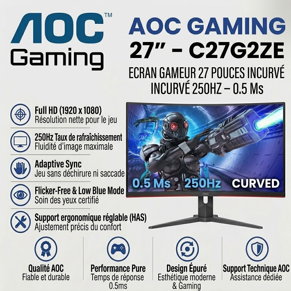 Aoc ECRAN GAMEUR 27 POUCES INCURVÉ 250HZ - 0.5 Ms