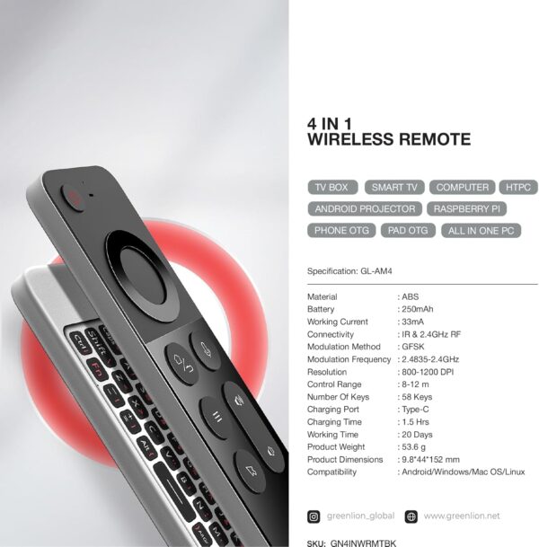 Télécommande sans fil 4 en 1 Green Lion avec clavier - Noir – Image 3