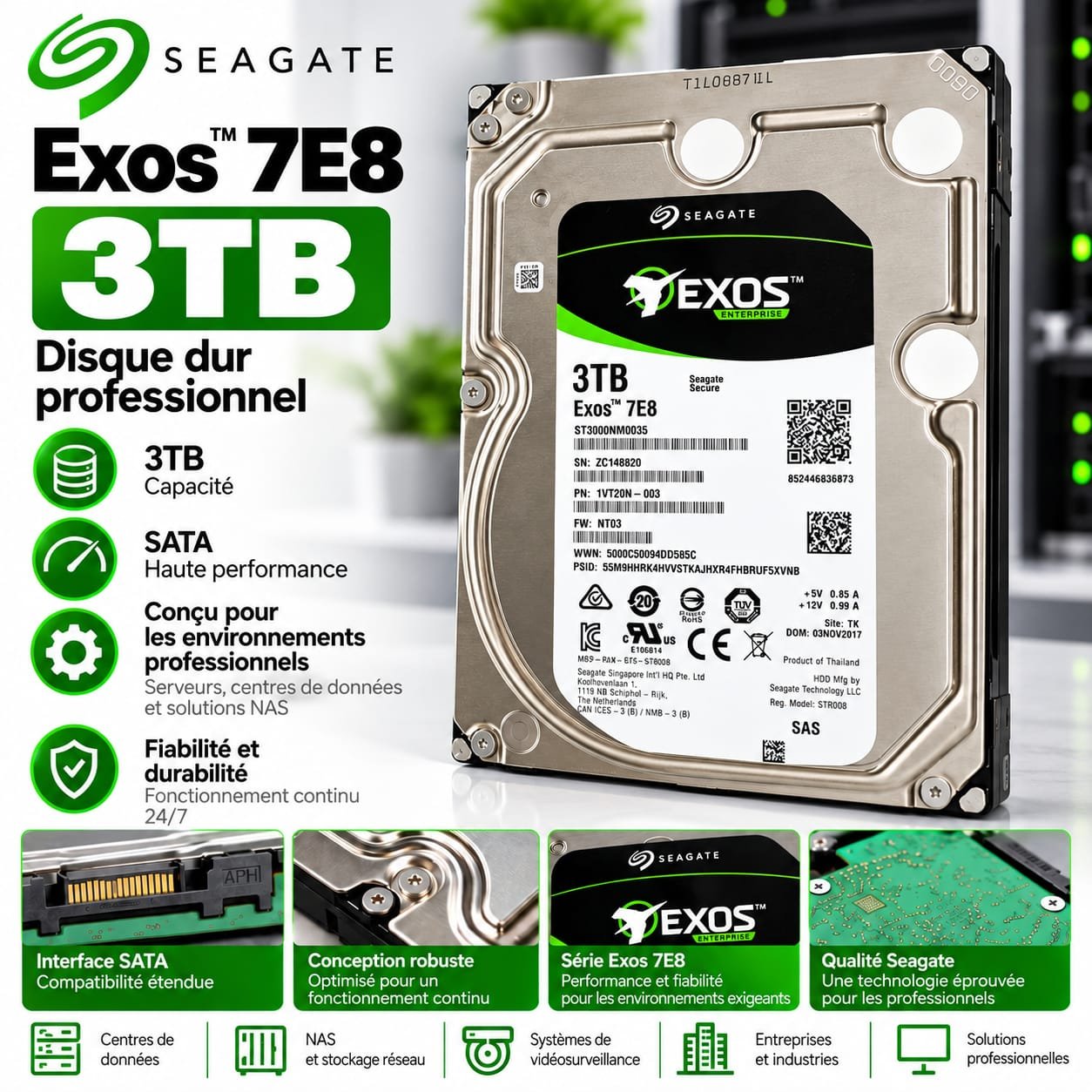 Disque dur interne 3TB Seagate Exos 7E8 , SAS, 7200 tr/min
