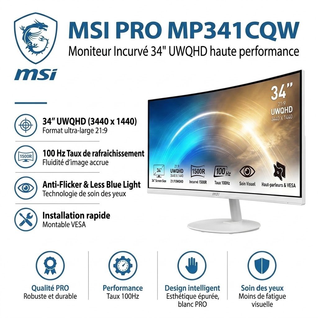 ECRAN MSI 34" LED - PRO MP341CQW-UltraWide WQHD - 3440 x 1440 pixels - 1 ms