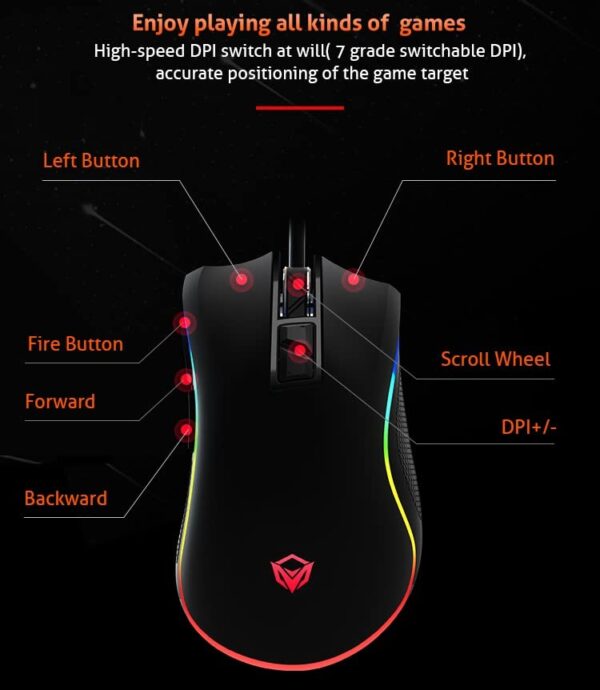 Souris de jeu filaire rétroéclairée par LED RVB Meetion MT-G3330 noire, 8+1  8 000 DPI, – Image 7