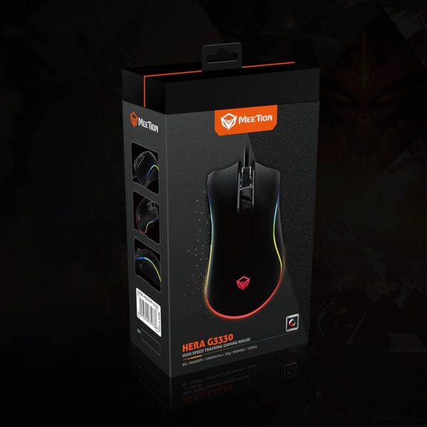 Souris de jeu filaire rétroéclairée par LED RVB Meetion MT-G3330 noire, 8+1  8 000 DPI, – Image 2