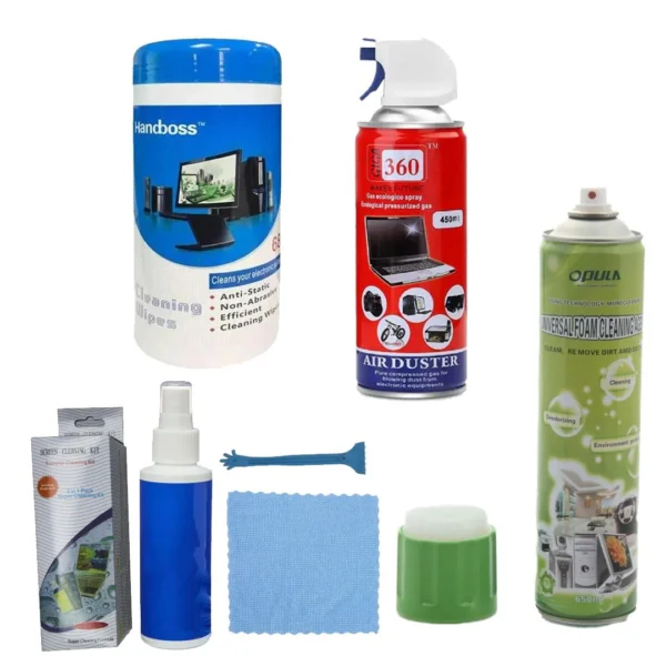 Kit complet de nettoyage ordinateurs portable & bureau - bombe à air - bombe à mousse - pinceau - brosse - microfibre - lingettes - air sec - air comprimée - informatique & éléctroménager
