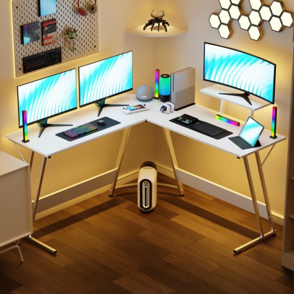 Table Gamer  Bureau d'angle  - 130 * 85* 74 cm Table en Forme L - Blanc
