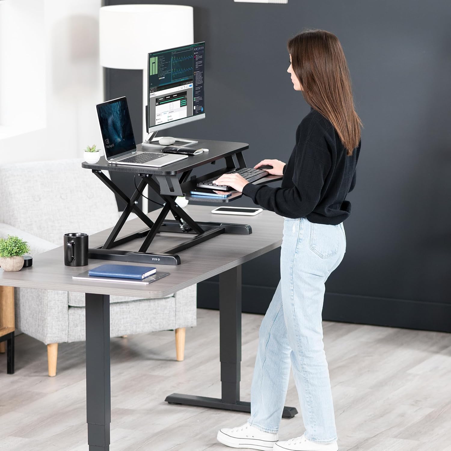 Deskpro Table Bureau Debout Ergonomique En Hauteur t Plate-forme de Travail- noir – Image 3