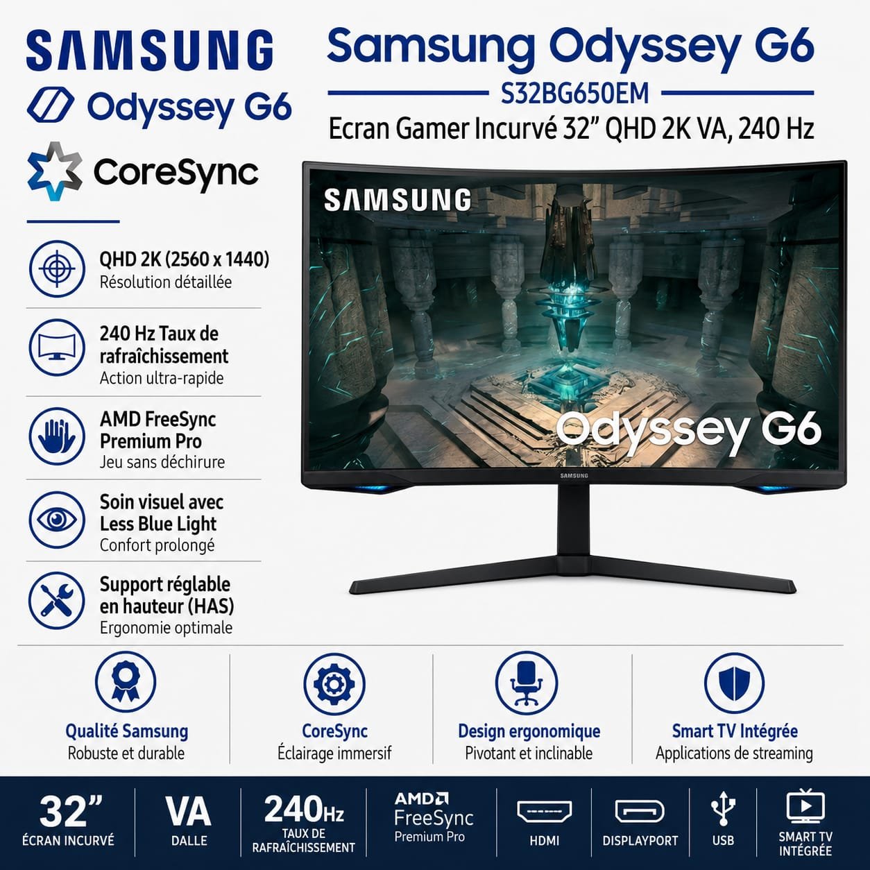 Samsung Ecran  Gamer Incurvé Odyssée - G6 - S32BG650EM 32" QHD 2K VA,  240 Hz