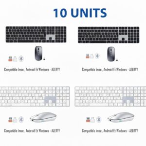 Lot de 10 Ensembles Clavier + Souris Sans Fil Bluetooth AZERTY – 5 Noirs & 5 Blancs – Compatible iMac, Android et Windows