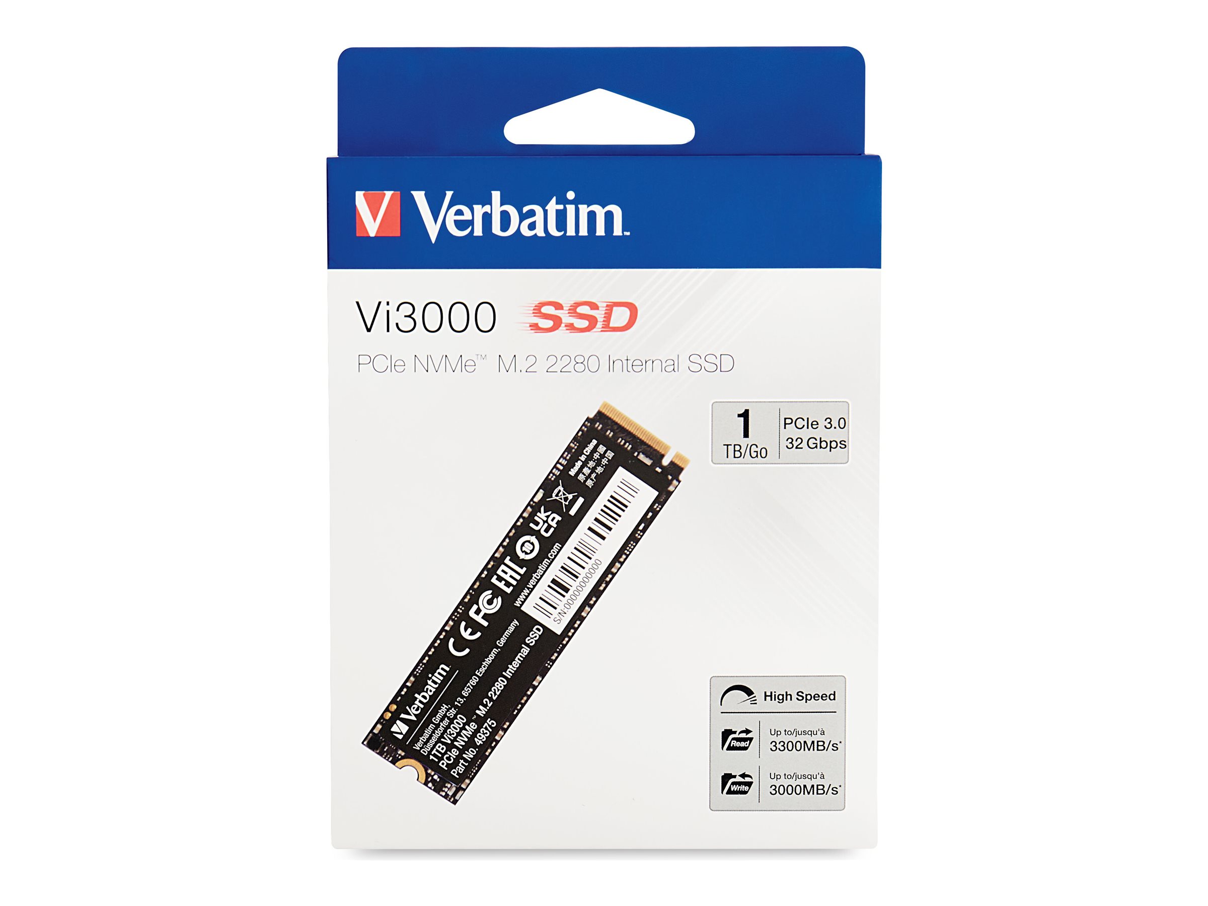 Disque SSD Interne Verbatim Vi3000 NVMe M.2 SSD 1TB PCIe Gen 3, Jusqu’à 3100 Mo/s