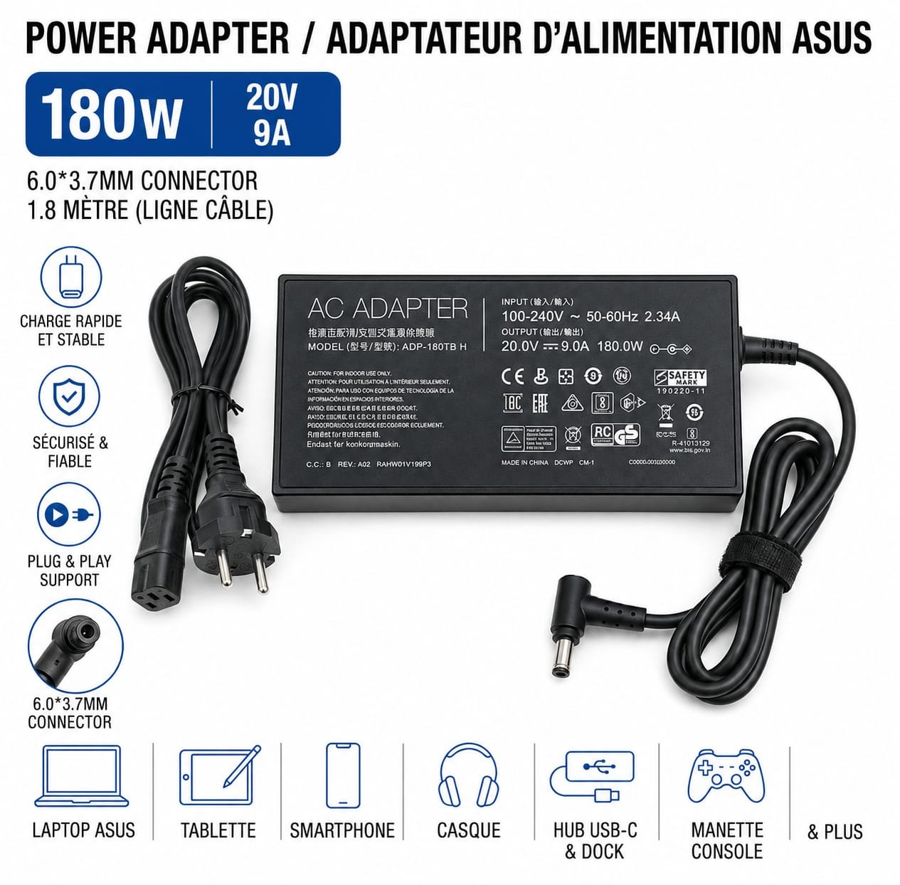 Chargeur Asus 180W - 20V 9A Connecteur 6.0 x 3.7 mm