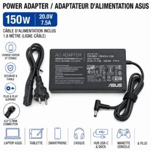Chargeur ASUS 150W 20V 7,5A Connecteur 6,0×3,7mm + Câble d’Alimentation
