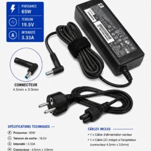 Chargeur HP 65W 19,5V 3,33A - Connecteur 4,5 × 3,0 mm,