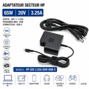 ChargeurHP 65W USB-C 20V 3,25A pour PC portable