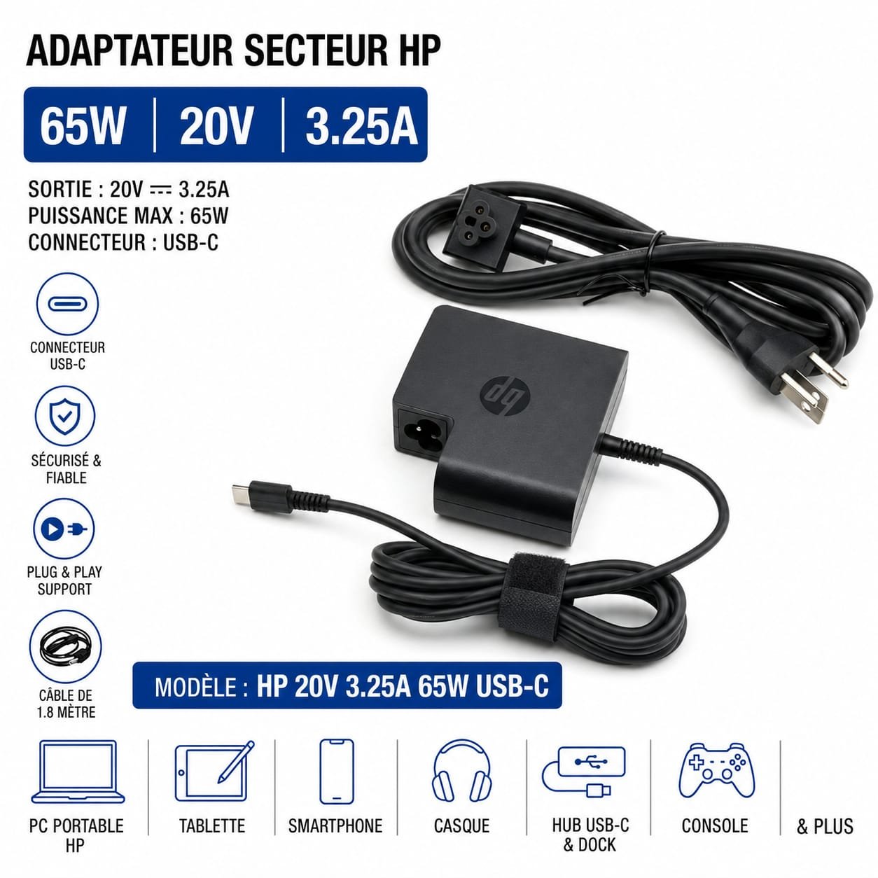 ChargeurHP 65W USB-C 20V 3,25A pour PC portable