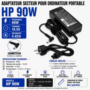 Chargeur HP 90W 19,5V 4,62A, Connecteur 4,5 × 3,0 mm