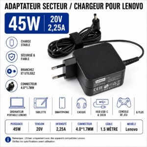 Chargeur  Lenovo 45W 20V 2,25A - 4,0 × 1,7 mm,