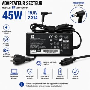 Chargeur HP  45W pour Ordinateur Portable,, 19,5V 2,31A - 4,5 × 3,0 mm