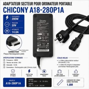 Chargeur PC portable Gaming  280W 20V 14A Bout Usb A