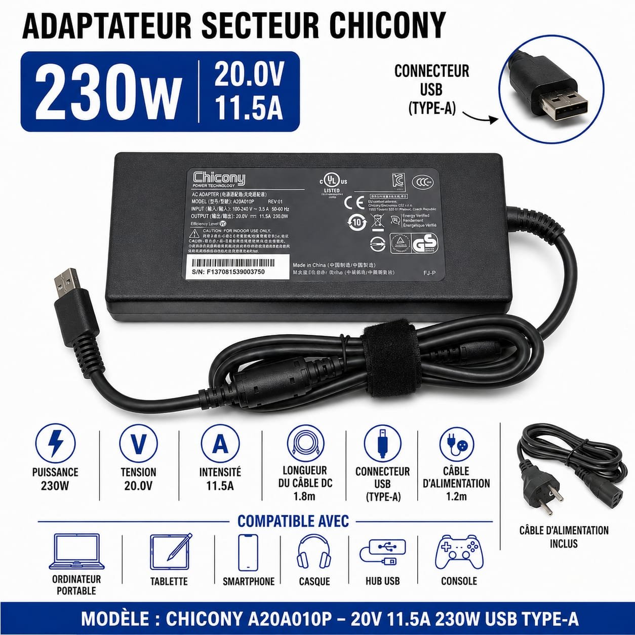 Chargeur Msi 230W 20V 11,5A USB PC Portable