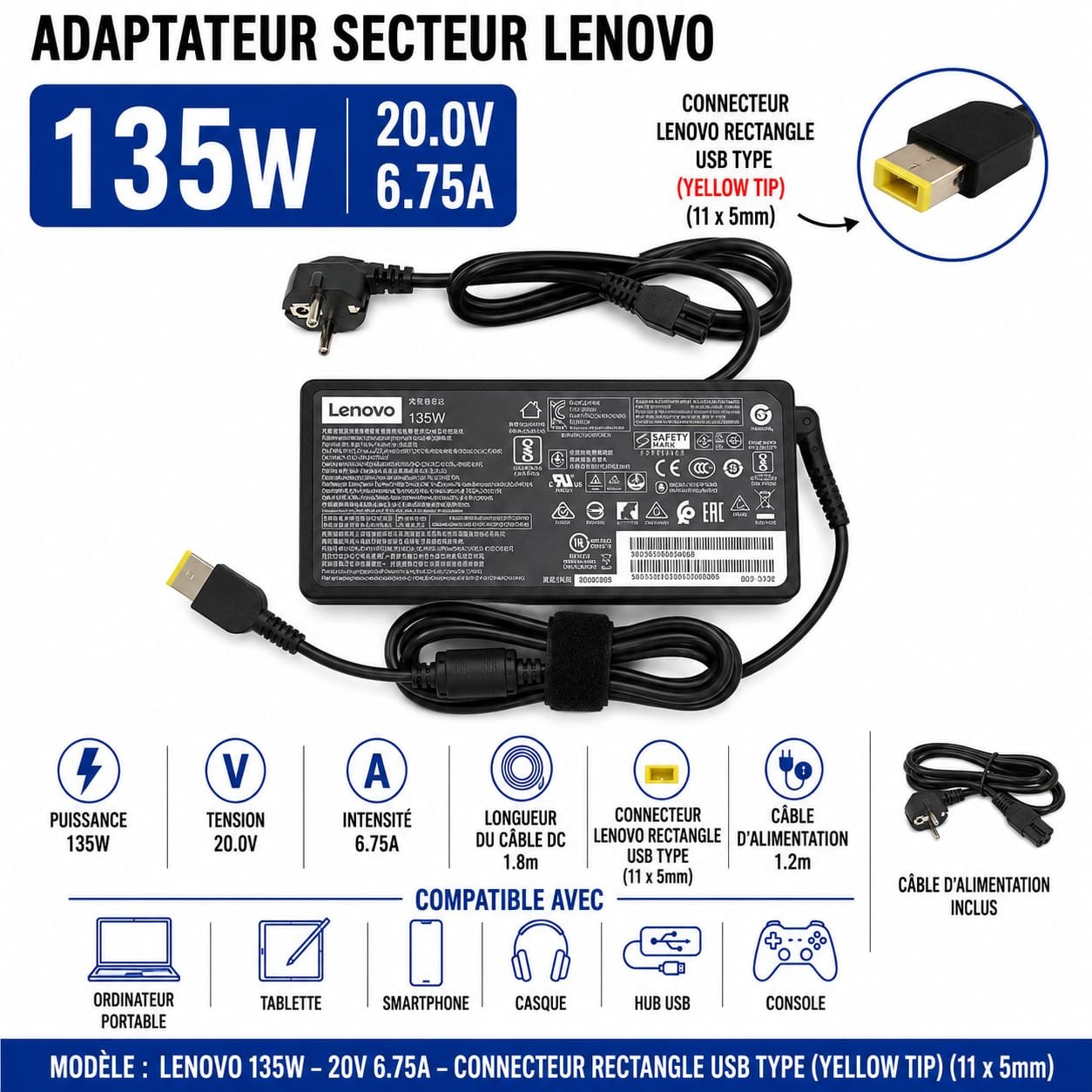 Chargeur Lenovo 135W Pour Pc 20V 6,75A Rectangulaire USB