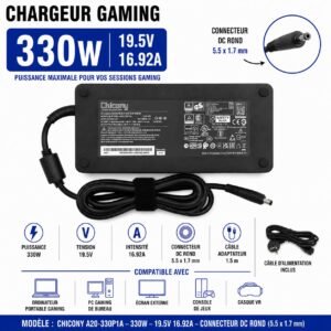 Chargeur Gaming 330W PC Portable  19.5V 16.92A, Connecteur DC 5.5 × 1.7 mm