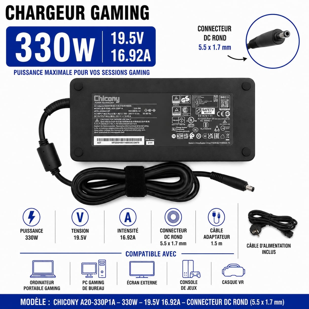 Chargeur Gaming 330W PC Portable 19.5V 16.92A, Connecteur DC 5.5 × 1.7 mm