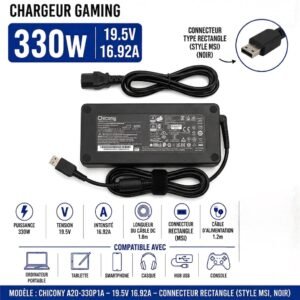 Chargeur MSI 330W – 19.5V 16.92A PC Portable  – Connecteur Usb