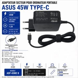 Chargeur ASUS 45W USB Type-C, Pour Ordinateur Portable