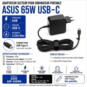 Chargeur  ASUS 65W USB-C – 20V 3.25A pour Ordinateur Portable