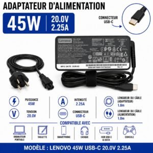 Chargeur Lenovo 45W USB-C 20V 2.25A pour PC Portable