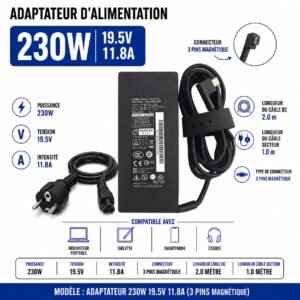 Chargeur Razer 230W 19,5V 11,8A, connecteur 3 broches magnétique