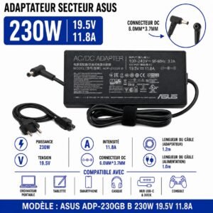Chargeur Gameur ASUS 230W , 19,5V 11,8A, connecteur DC 6,0 × 3,7 mm