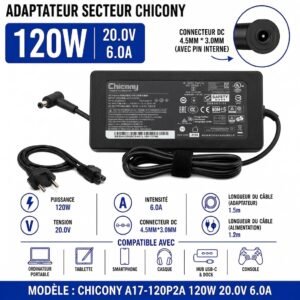 Chargeur Gamer Msi  120W 20V 6A, connecteur DC 4,5 × 3,0 mm