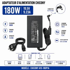 Chargeur Gamer MSI 180W 19,5V 9,23A, Connecteur 5,5 × 2,5 mm