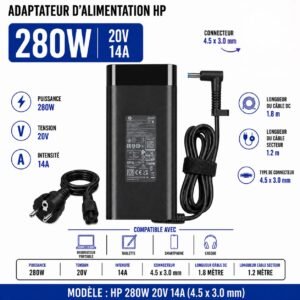 Chargeur HP Gameur 280W, 20V 14A, connecteur Dc 4.5 × 3.0 mm