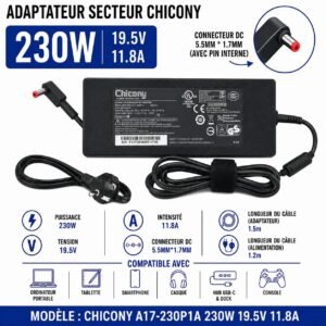 Chargeur Acer  230W 19,5V 11,8A, connecteur Dc 5,5 × 1,7 mm