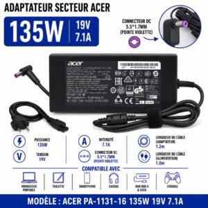 Chargeur Secteur Acer 135W 19V 7,1A, connecteur 5,5 × 1,7 mm