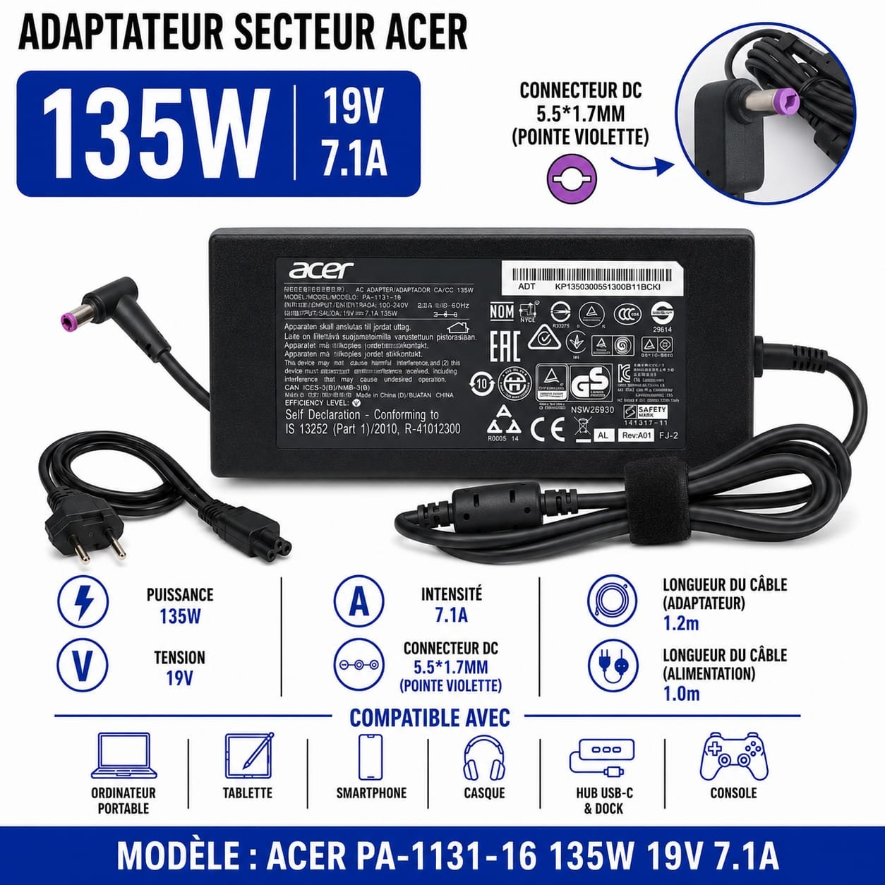 Chargeur Secteur Acer 135W 19V 7,1A, connecteur 5,5 × 1,7 mm