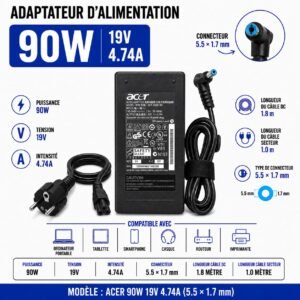 Chargeurr Acer 90W, 19V 4.74A, connecteur Dc 5.5 × 1.7 mm