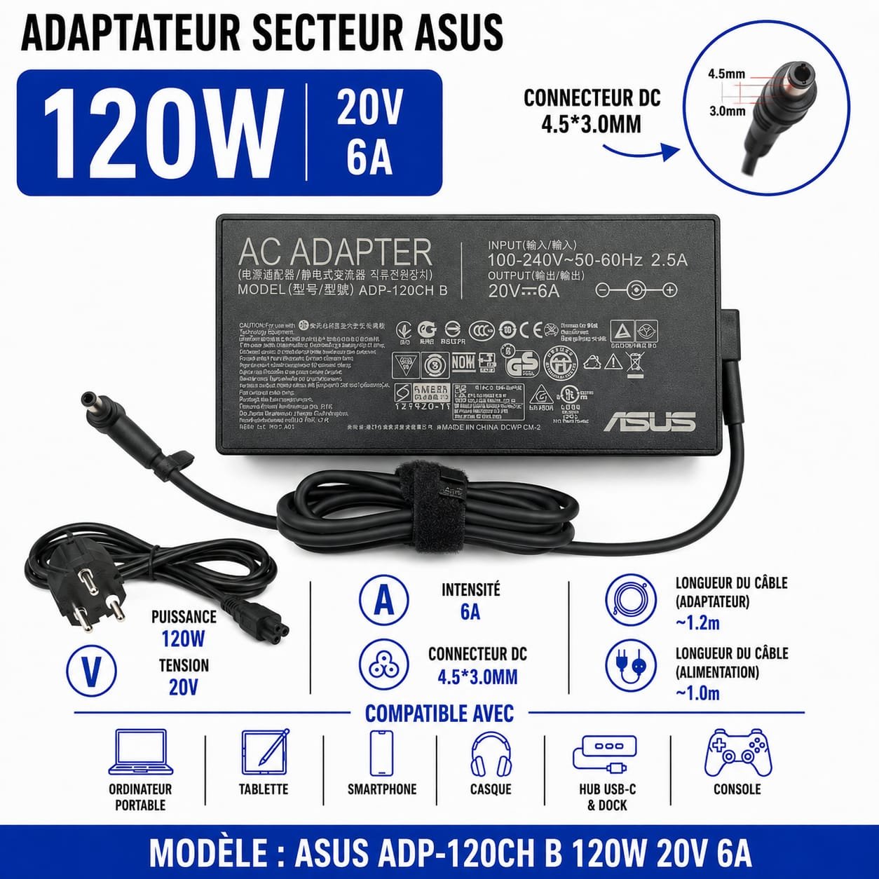 Chargeur ASUS 120W 20V 6A, ,Pour Pc Connecteur Dc 4.5×3.0mm