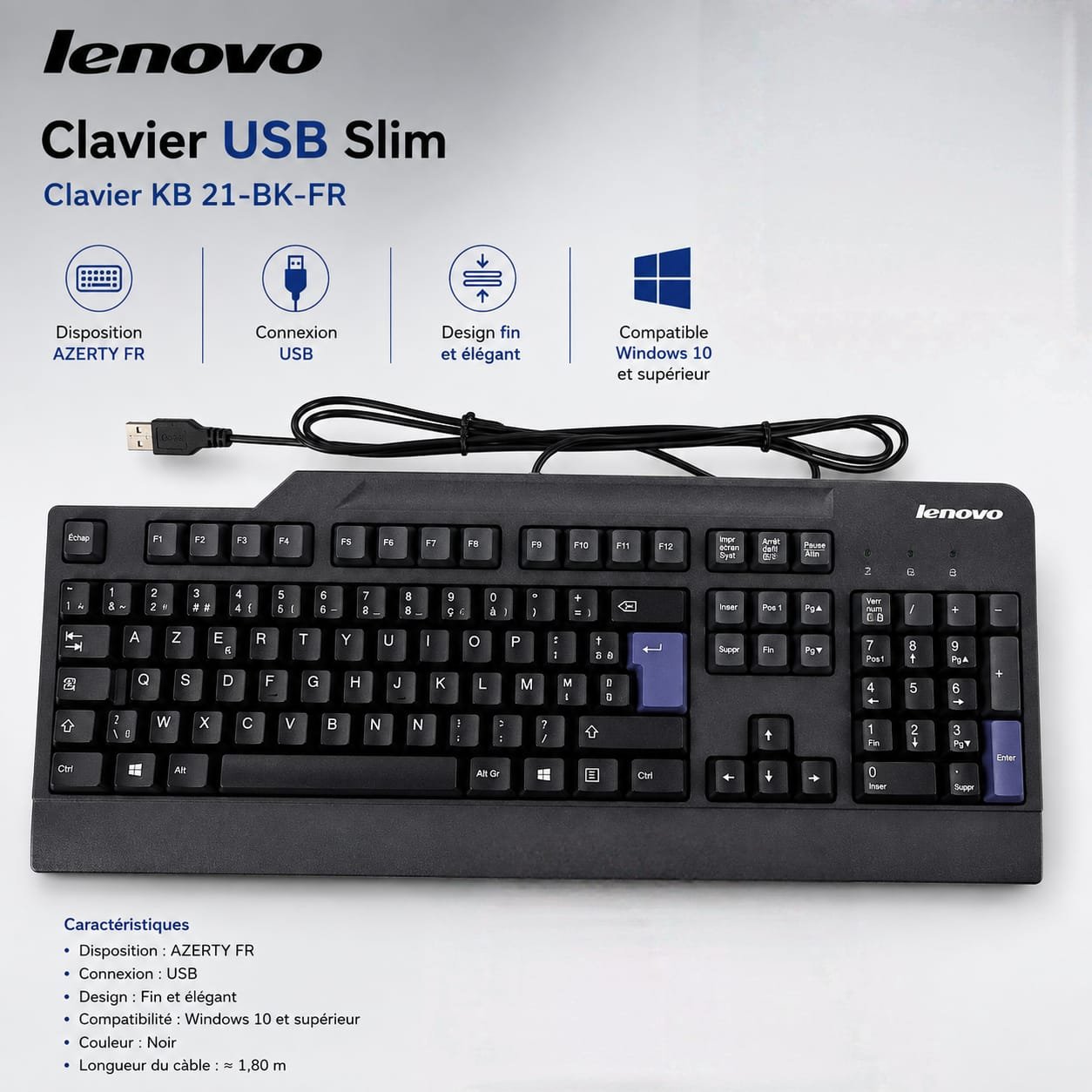 Clavier Filiaire USB Lenovo AZERTY avec pavé numérique