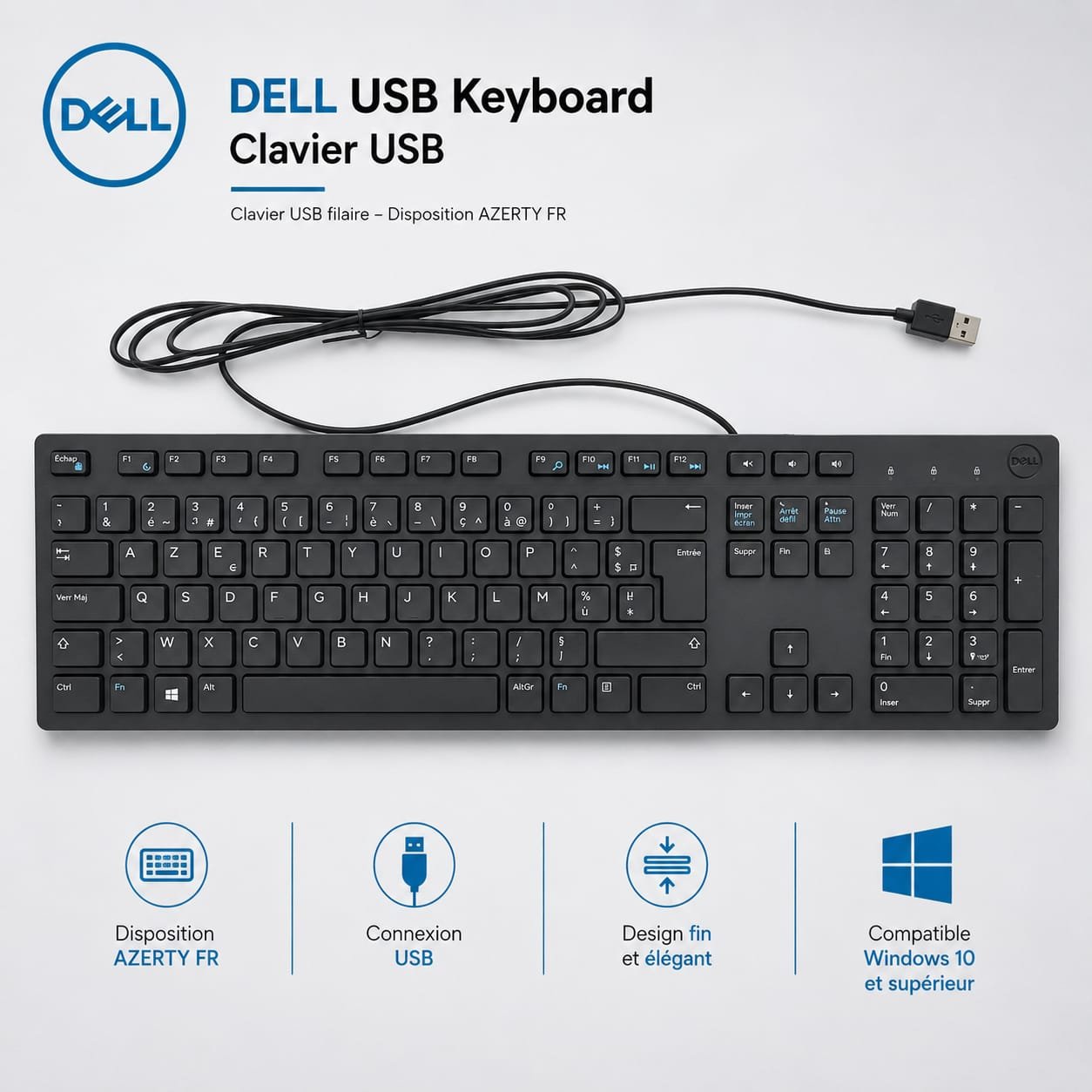Clavier filaire USB AZERTY Dell KB216 Keyboard -