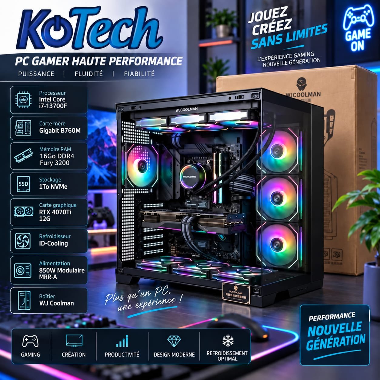 Gamer core i7-13700F / RTX 4070Ti – 12Giga / 16G DDR4 Fury 3200 / 1TERA nvme