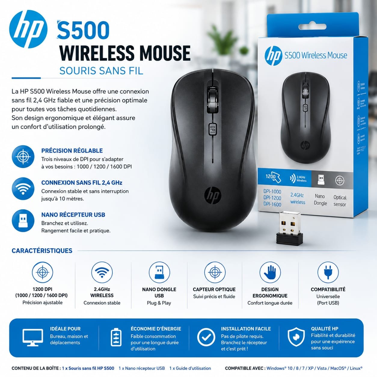 Souris sans fil HP S500, 2,4 GHz, 1200 DPI
