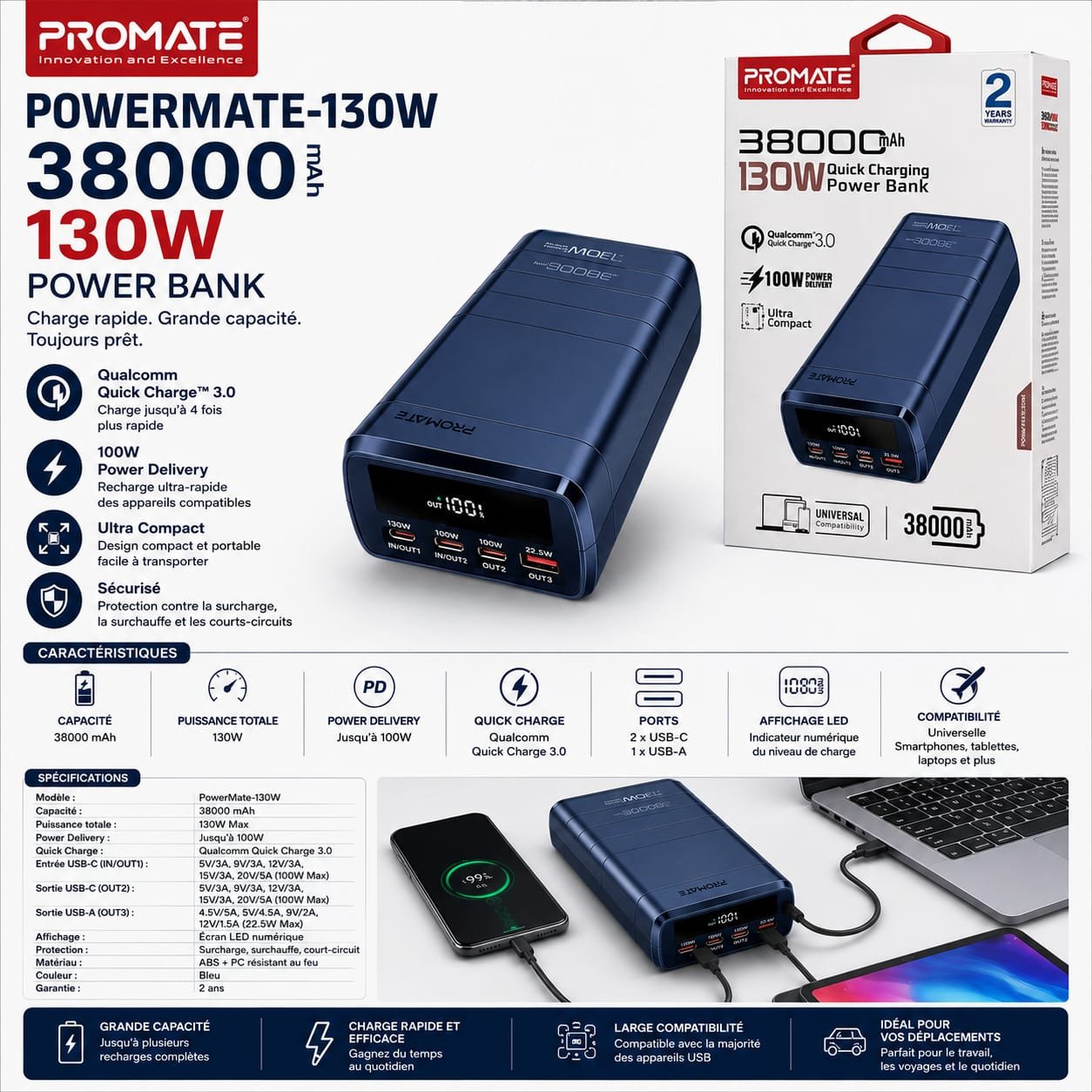 Power Bank 130W 38000 mAh Promate Mate-,  Charge Rapide, USB-C