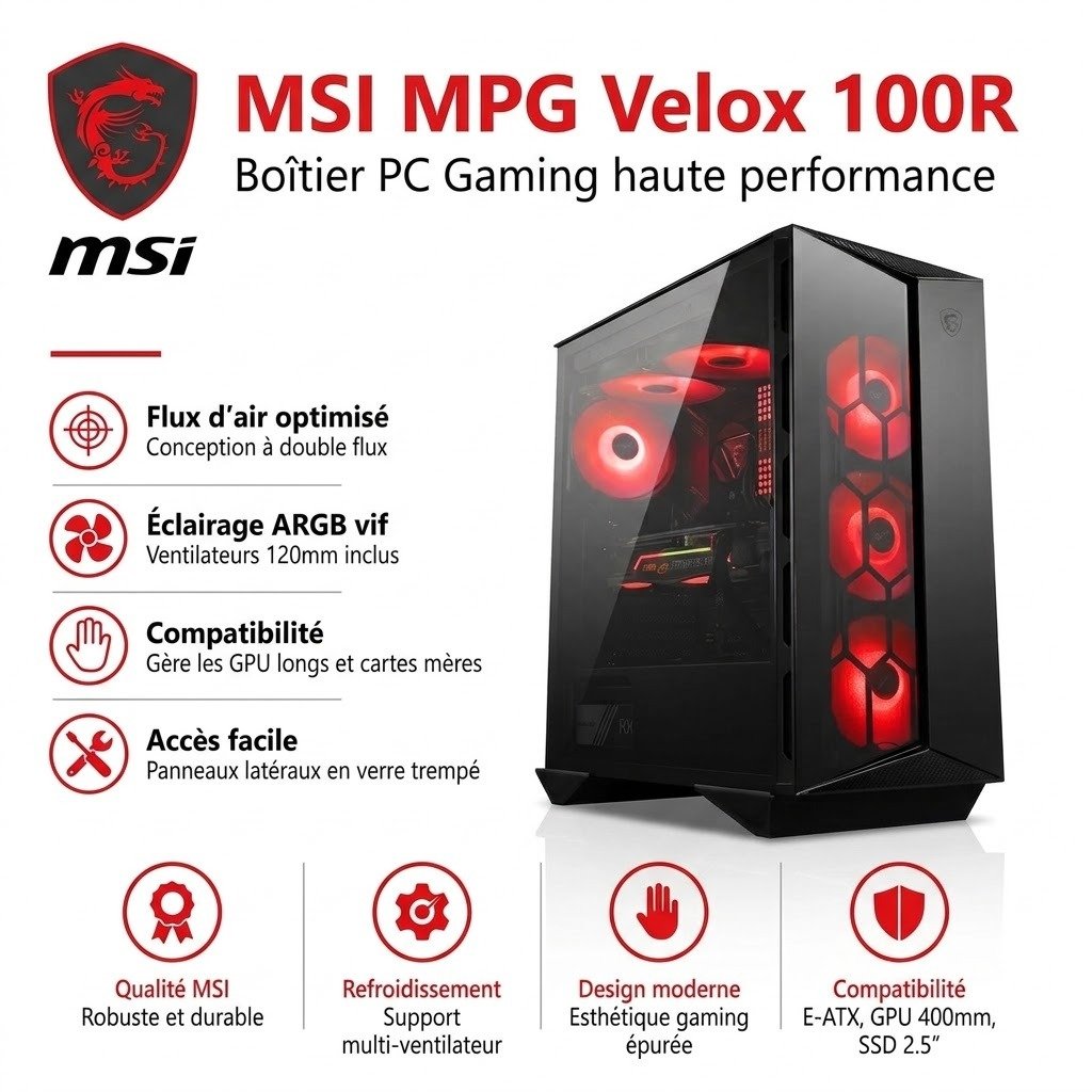 Boîtier MSI MPG VELOX 100R  Gaming Haute Performance, ARGB