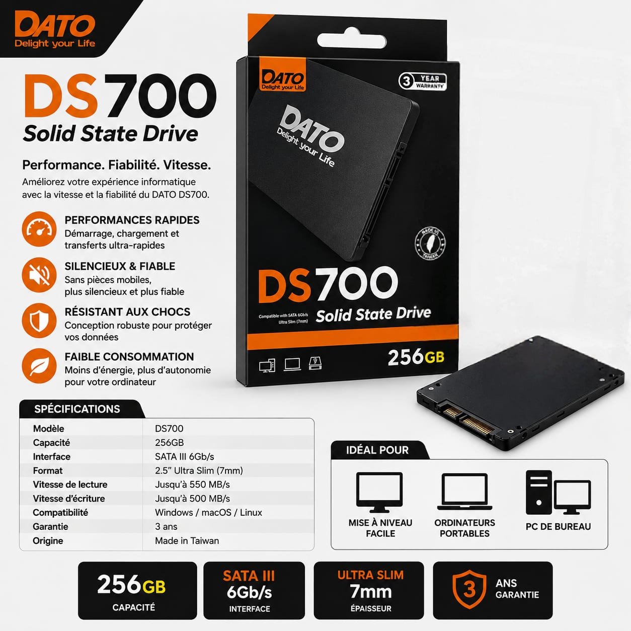 Disque Dur SSD 256 GB DATO DS700 , SATA III 6 Gb/s, 2,5″ Ultra Slim 7 mm