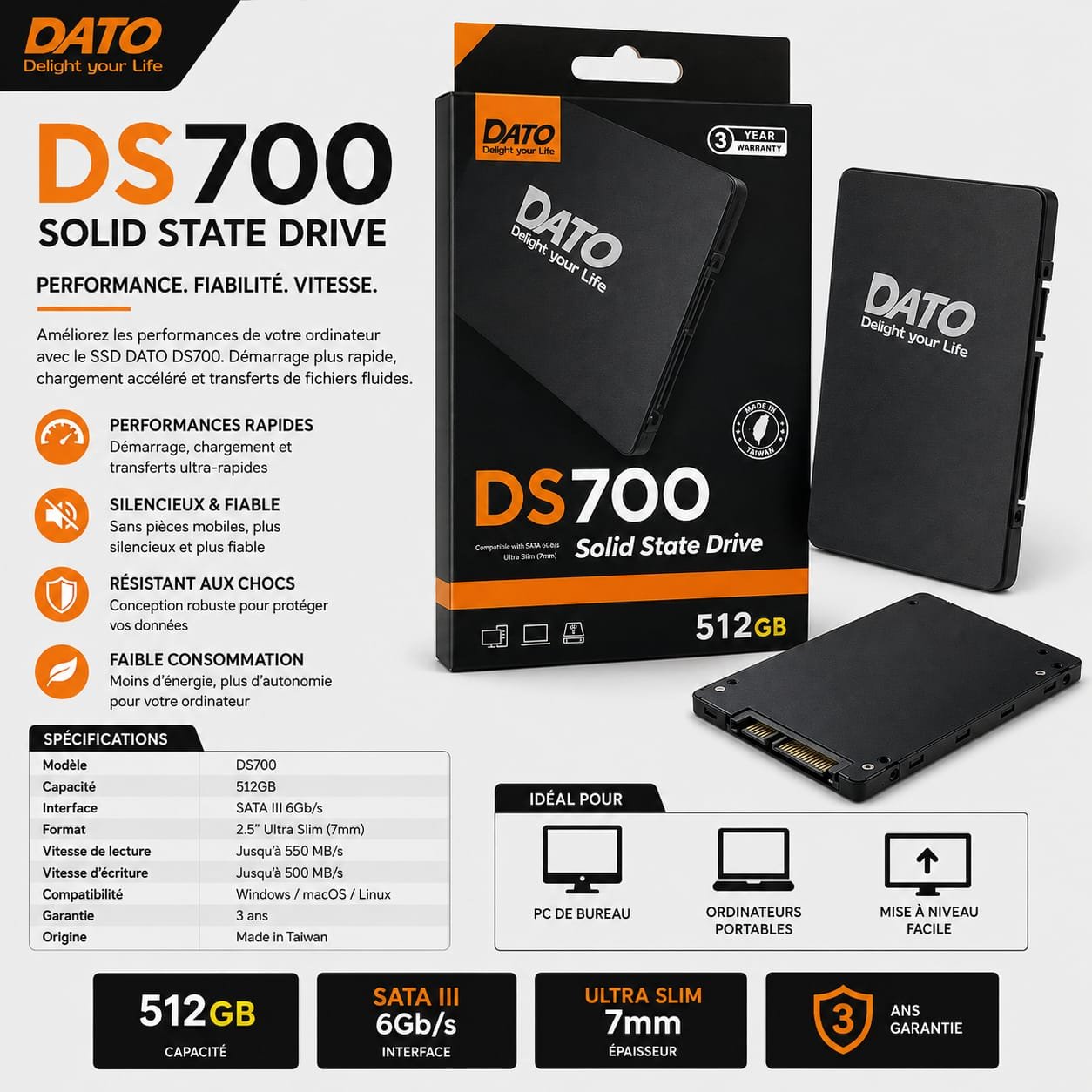 Disque Dur SSD 512 GB DATO DS700 , SATA III 6 Gb/s, 2,5″ Ultra Slim 7 mm