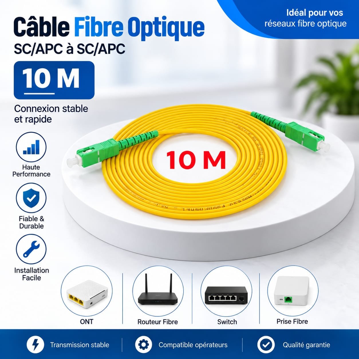 Câble Fibre Optique 10M SC/APC vers SC/APC